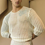 Men Mesh Top See Through Long Sleeves Round Neck Hollow-out Sexy Dress Up Men Bottoming Shirt Knitted Mesh Top Clothing for Male