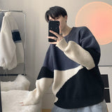 Stylish O-Neck Knitted Spliced All-match Korean Color Sweater Men's Clothing Autumn New Casual Pullovers Loose Warm Tops