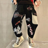 Boys KidsTrendy Letter Design Ribbon Trousers Pants Casual Cotton Multi-Pocket Cargo Pants Boy Hip Hop