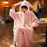 Foesce Pajama Sets Women Kawaii Flannel Warm Animal-ears Hat Loose Sleepwear Comfort Winter Thick Sweet Students Pajamas Long Sleeve