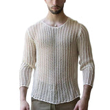 Men Mesh Top See Through Long Sleeves Round Neck Hollow-out Sexy Dress Up Men Bottoming Shirt Knitted Mesh Top Clothing for Male