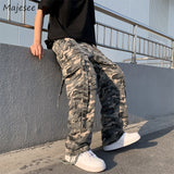 Foesce Pants Men American Retro Ribbons High Street Cargo Trousers Loose Spring Military Elastic Waist Large Size All-match Harajuku