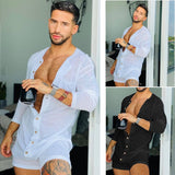 Men Playsuits Spring Summer Fashion Long Sleeve O-Neck Slim Fit Playsuits Men Sexy Single-Breasted Cardigan Straight Playsuits