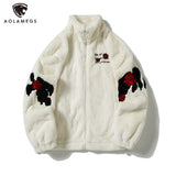 Men Fleece Jacket Coats Hip Hop Rose Flower Letter Winter Parka Jacket Streetwear Casual Harajuku Fashion Zip Up Fashion Outwear