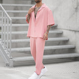 Foesce New Men's Pink Casual Suit Fashion Lapel Shirt Top and Trousers Set Trendy Solid Color Blazer Pants Two Piece Set Men's Clothing