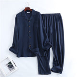 Spring and autumn new men's pajamas long-sleeved trousers 100% cotton crepe buttoned plus size home suit set sleepwear mens