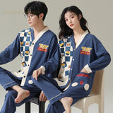 Spring Autumn Cotton Cartoon Print Couple Pajama Sets Pyjamas Kawaii Sleep Loungewear Plaid Sleepwear Suits Pajamas for Lovers