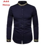 Foesce Men's Royal Blue Dress Shirts Brand Banded Mandarin Collar Shirt Male Long Sleeve Casual Button Down Shirt with Pocket 2XL