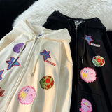 Foesce Harajuku Embroidery Zip Up Hoodies Women Hippie Y2k Oversized Kawaii Casual Female Cute Pattern Sweatshirts Fashion