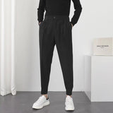 Fashion Men Casual Pants Elastic Waist Small Feet Slim Korean Style Pleated Tapered Male Blazer Pants Trousers Streetwear