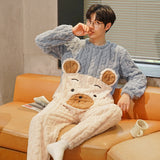 Funny Bear Cartoon Coral Fleece Pajamas For Men Winter Pijamas Warm Homewear Thick Flannel Pyjamas Plus Size Mens Sleepwear