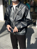 Foesce Korean Style Biker Lapel Men PU Leather Jacket New Autumn Black Zipper Coats Simple Chic Design Loose Jackets