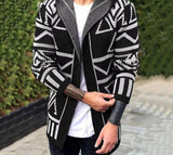 Fashion Vintage Men's Knitted Cardigan Trendy Long Spring New Printed Wool Jacquard Tops Hooded Sweaters Jackets Coat