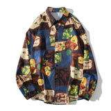 Fashion Vintage Patchwork Graffiti Casual Long Sleeve Button Shirt Blouse Tops Men Summer Hot Sale Shirt For Men Women