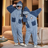 Winter Couple Pajamas Jumpsuits Women Men Warm Thicken Cartoon Shark Kawaii Sleepwear One-Pieces Lovers Pyjamas Hoodie