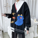 Cute Cartoon Embroidery Men Sweaters V Neck Patchwork Oversized Male Knitted Pullovers Autumn Winter Unisex 5XL Tops