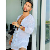 Men Playsuits Spring Summer Fashion Long Sleeve O-Neck Slim Fit Playsuits Men Sexy Single-Breasted Cardigan Straight Playsuits