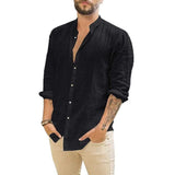 Cotton Linen Hot Sale Men's Long-Sleeved Shirts Summer Solid Color  Stand-Up Collar Casual Beach Style Plus Size