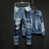 Denim Set Men Loose Denim 2Pcs Set Long Sleeve Single Breasted Jackets Full Length Pant Denim Set Spliced Denim Jacket And Jeans