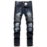 High Quality Men Casual Jeans Coated Straight Pleated Biker Jeans Male Motorcycle Denim Pants Vaqueros Hombre Plus Size