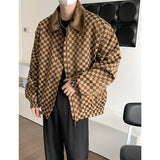 Autumn Oversized Plaid Jacket Men Fashion Casual Lapel Zipper Jacket Men Korean Style Loose Bomber Jacket Men Short Coat M-2XL