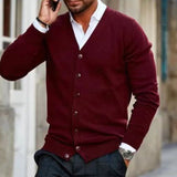 Foesce New Men's V-neck Knitted Cardigan Sweater Spring Autumn Fashion Casual Long Sleeve Warm Sweater Solid Color Buckle Versatile Top