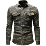 Men's Casual Long Sleeve Camouflage Denim Shirts Outdoor Mountaineering Wear Lapel Button Army Green Cotton Male Blouse