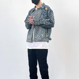 Harajuku Washed Blue Cashew Flower Checkerboard Denim Jacket men's Autumn and Winter Oversized Plaid Casual Loose Jeans Coat