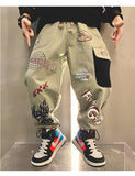 Boys KidsTrendy Letter Design Ribbon Trousers Pants Casual Cotton Multi-Pocket Cargo Pants Boy Hip Hop