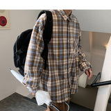 Foesce Mens Harajuku Plaid Vintage Shirts Man Japanese Streetwear Pockets Shirts Long Sleeve Male Casual Button Up Shirt