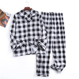 Autumn and Winter Men's Newest Cotton Flannel Brushed Trouser Suit Plaid Design Clothes with Button Pajama Set Homewear Men Suit