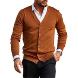 Foesce New Men's V-neck Knitted Cardigan Sweater Spring Autumn Fashion Casual Long Sleeve Warm Sweater Solid Color Buckle Versatile Top