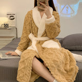 Women Long Thermal Jacquard Flannel Bathrobe With Belt Winter Warm Coral Velvet Bath Robe Soft Dressing Gown Female Sleepwear