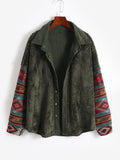 Fleece Lined Ethnic Aztec Printed Corduroy Shacket Women Drop Shoulder Button Up Shirt Jacket Autumn Casual Outerwear