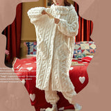 Foesce Pajama Sets Women Kawaii Flannel Warm Animal-ears Hat Loose Sleepwear Comfort Winter Thick Sweet Students Pajamas Long Sleeve