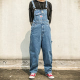 Korean Loose Jeans Men Overalls Bib Denim Jumpsuits Huge Straight Workwear Multi Pocket Wide Leg Cargo Pants Blue Trousers