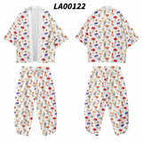 2PCS Men Print Mushroom Robe Sets Summer Rayon Pajamas Suit Cardigan Kimono Lagre Size Sleepwear Pant Casual Home Clothes