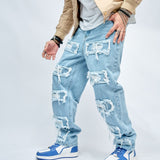 Simple Stylish Men Ripped Patch Hip Hop Loose Jeans Pants Streetwear Male Straight Denim Trousers