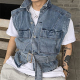 Vintage Sleeveless Cargo Jacket Streetwear Casual Denim Vest Men Fashion Coats Male Waistcoat Loose Men Clothing Jeans Gilets