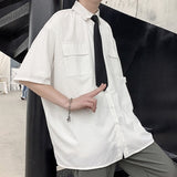 Foesce Men's White Shirts with Tie Set Preppy Uniform DK Loose Long Sleeve Shirt Couple Loose Basic Short Shirts Asian Size