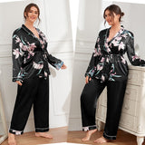 Foesce 5xl Large Size Satin Women's Cardigan Printed Robe with Long Trouser Pajamas Set Loose Conjuntos Feminino Elegante Ladies Suits