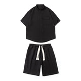 Summer Men's Sets Matching Shirt and Shorts Short Sleeve Stand Collar Vertical Material Stretch Oversized Clothing Man