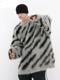 Foesce Niche Irregular Color Contrast Zebra Print Round Neck Men Sweater Loose Mohair Sweater Trend High Male Pullover