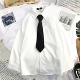 Foesce Men's White Shirts with Tie Set Preppy Uniform DK Loose Long Sleeve Shirt Couple Loose Basic Short Shirts Asian Size