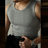 Mens Summer Fashion Ribbed Vest Casual Solid Color  Knitted Tank Tops Slim Fitness O-Neck Sleeveless Tops Leisure Streetwear