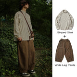 Vintage Setup Men's Set Cargo Pants Wide Leg Trousers Male Sets Japanese Vest Striped Shirt Wide Pants Men Tank Top