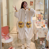 Foesce Pajama Sets Women Kawaii Flannel Warm Animal-ears Hat Loose Sleepwear Comfort Winter Thick Sweet Students Pajamas Long Sleeve