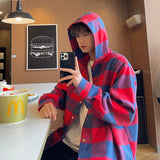 Trendy Plaid Hooded Shirt Men's Casual Jacket Baggy Korean Fashion Single Breasted Blouses Male Harajuku Hoody Cargo Coats