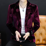 Autumn Winter Mens Suit Jacket Floral Print Velvet Material Casual Long Sleeve Jackets Fashion Male Slim Suit Jacket Men Blazer