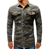 Men's Casual Long Sleeve Camouflage Denim Shirts Outdoor Mountaineering Wear Lapel Button Army Green Cotton Male Blouse